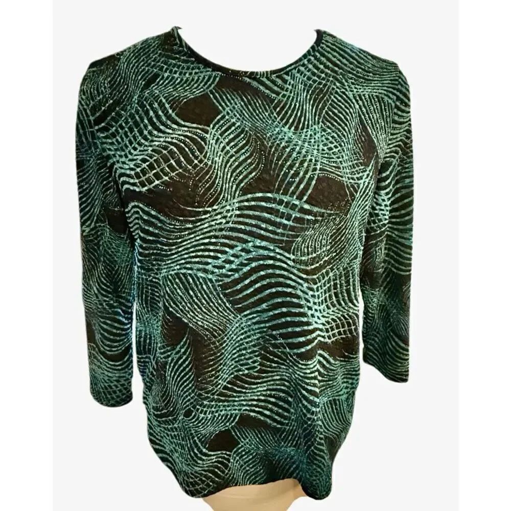 TanJay Shimner Top Sz. M Spatkly Geometric Pattern Stretchy 3/4 Sleeves Party